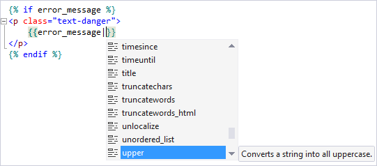Screenshot che mostra il supporto di IntelliSense di tag e filtri usati nello sviluppo Django in Visual Studio.