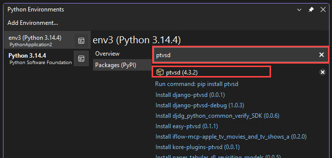 Screenshot che mostra come controllare la versione ptvsd nella finestra Python Environments.