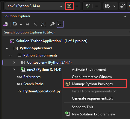 Screenshot che illustra come accedere all'opzione Gestisci pacchetti Python per un ambiente in Esplora soluzioni.