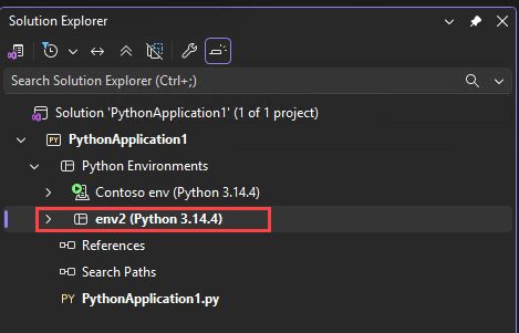 Screenshot che mostra come Visual Studio mostra il nome dell'ambiente attivo in un carattere in grassetto in Esplora soluzioni.