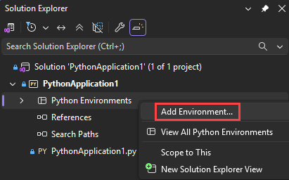 Screenshot che mostra il comando Aggiungi ambiente in Visual Studio.