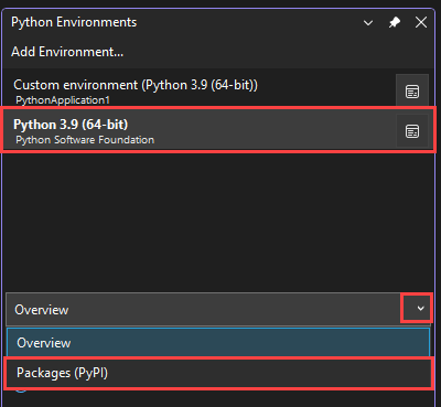 Screenshot che mostra come selezionare l'opzione Packages PyPI per l'ambiente selezionato per visualizzare i pacchetti installati.