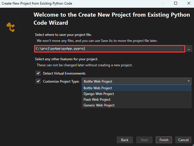 Schermata della finestra Creazione di un nuovo progetto da codice esistente, che include il percorso del file di progetto e altre impostazioni facoltative in Visual Studio.