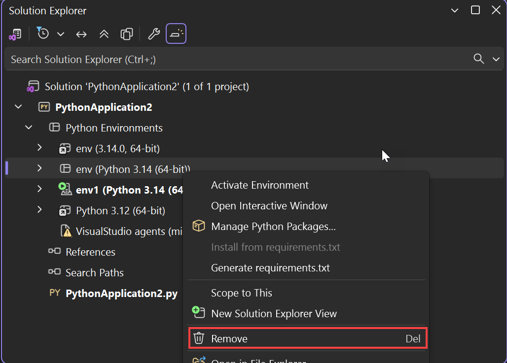 Screenshot che mostra come rimuovere un ambiente Python.