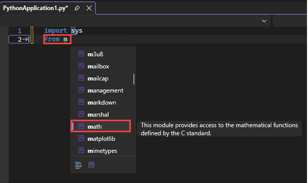 Screenshot che mostra in che modo IntelliSense visualizza i moduli disponibili per l'istruzione 'from' nell'editor in Visual Studio.