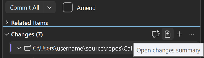 Schermata che mostra il riepilogo delle modifiche aperte nei dettagli del commit.