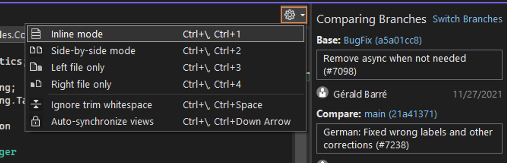 Screenshot che mostra le opzioni di configurazione Diff disponibili per te.