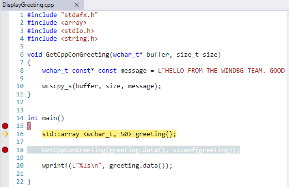 Screenshot della finestra Codice sorgente in WinDbg con evidenziazione della sintassi.