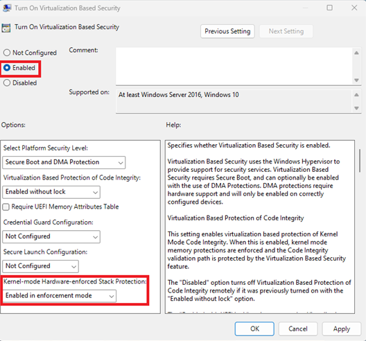 Screenshot della posizione in cui abilitare Protezione stack applicata in modalità kernel tramite Criteri di gruppo.