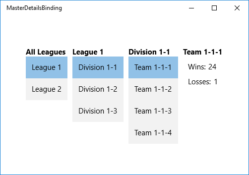 Screenshot di una visualizzazione di tipo principale/dettagli di una gerarchia sportiva. La visualizzazione include campionati, divisioni e squadre.