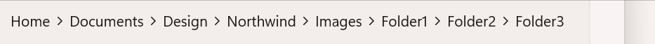 Barra di navigazione con nodi: Home, Documents, Design, Northwind, Images, Folder1, Folder2, Folder3. L'app viene ridimensionata in modo che la barra di navigazione si sbricioli e i puntini di sospensione sostituiscono i nodi più a sinistra. Quindi, facendo clic sui puntini di sospensione si apre un riquadro a comparsa con i nodi sbriciolati