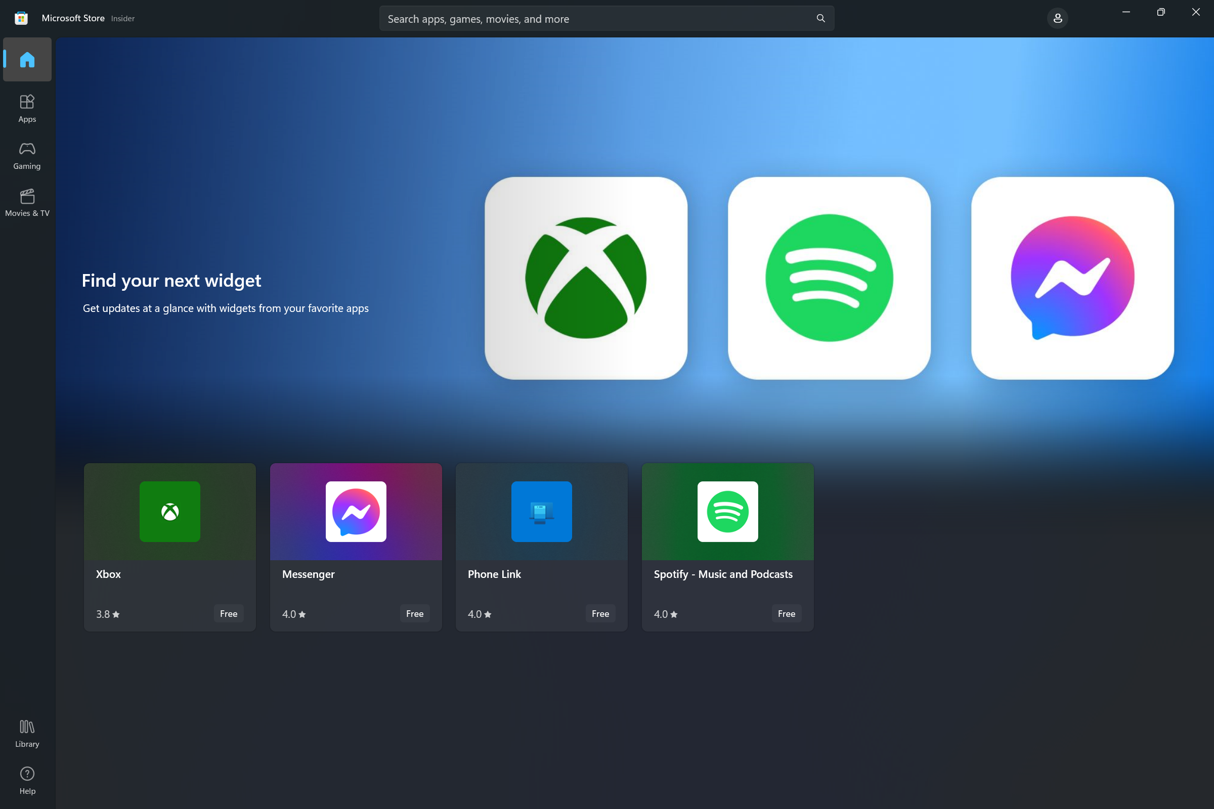 Screenshot del Microsoft Store che mostra la raccolta di widget che consente agli utenti di scoprire le app che includono Windows Widgets.