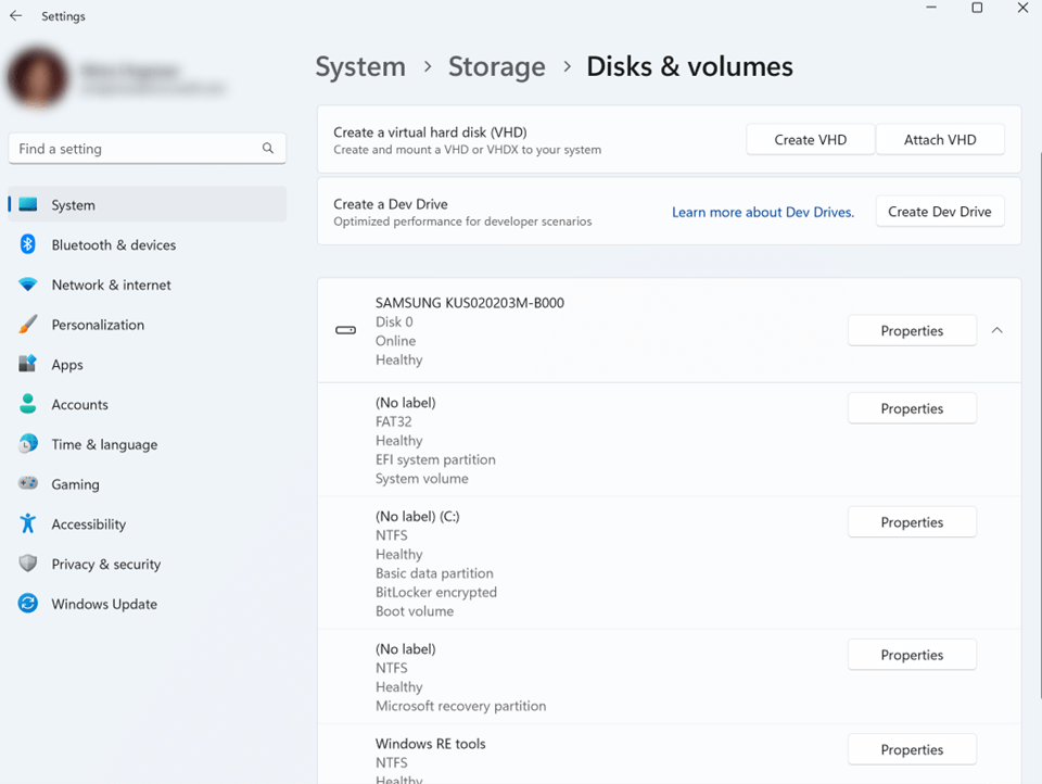Screenshot dei dischi e dei volumi di archiviazione di > sistema >